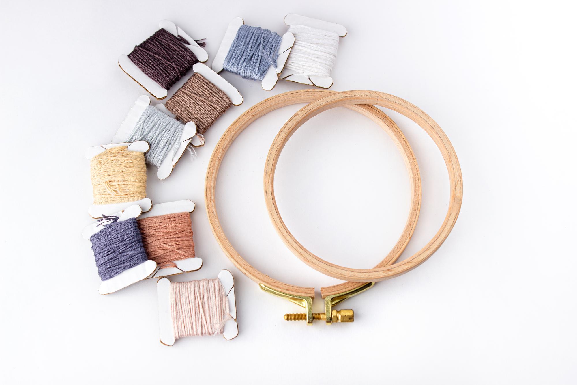 Starter embroidery kit with hoop and threads